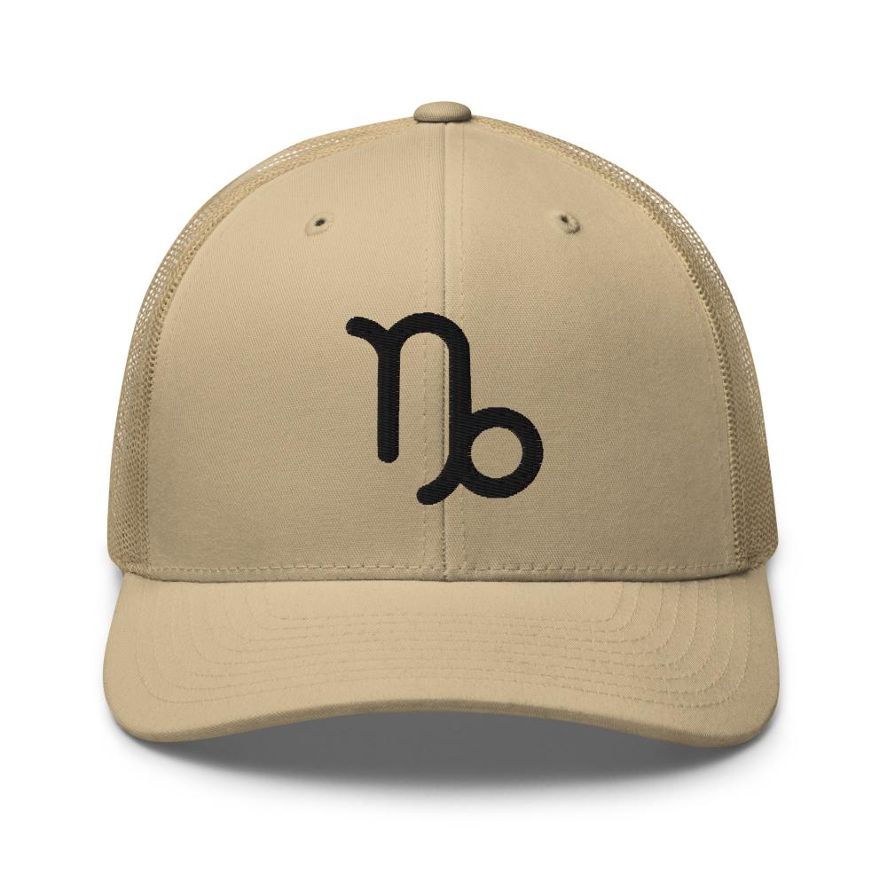 Capricorn Zodiac Embroidered Curved Bill Trucker Hat - Khaki Color - https://ascensionemporium.net